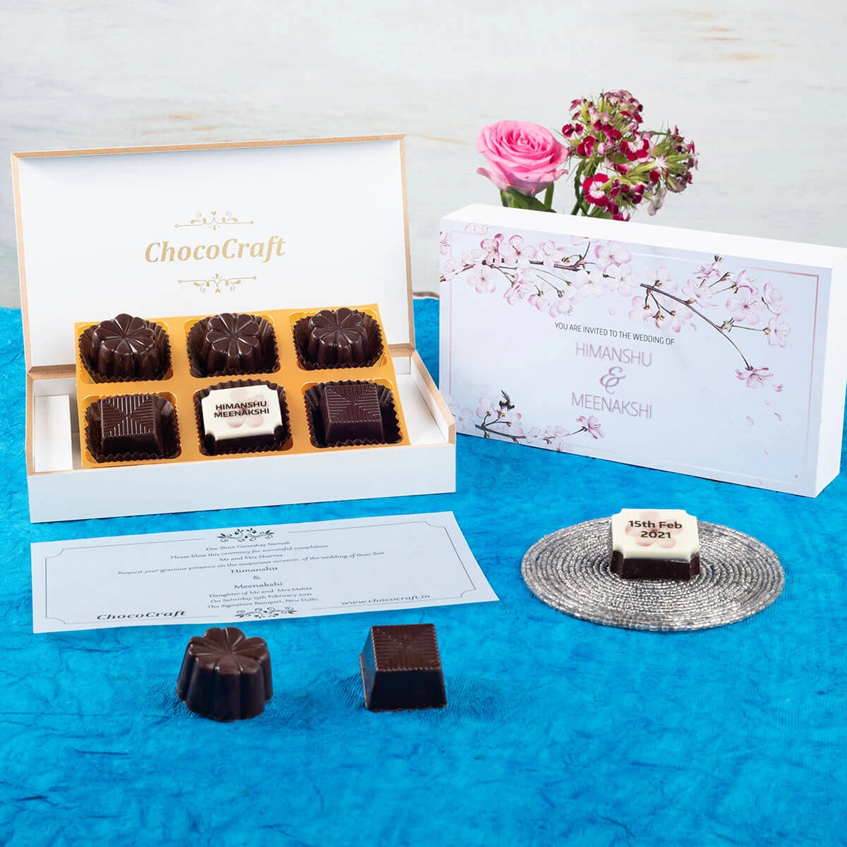 Bulk 6 chocolate boxes designed as reception party invitation cards