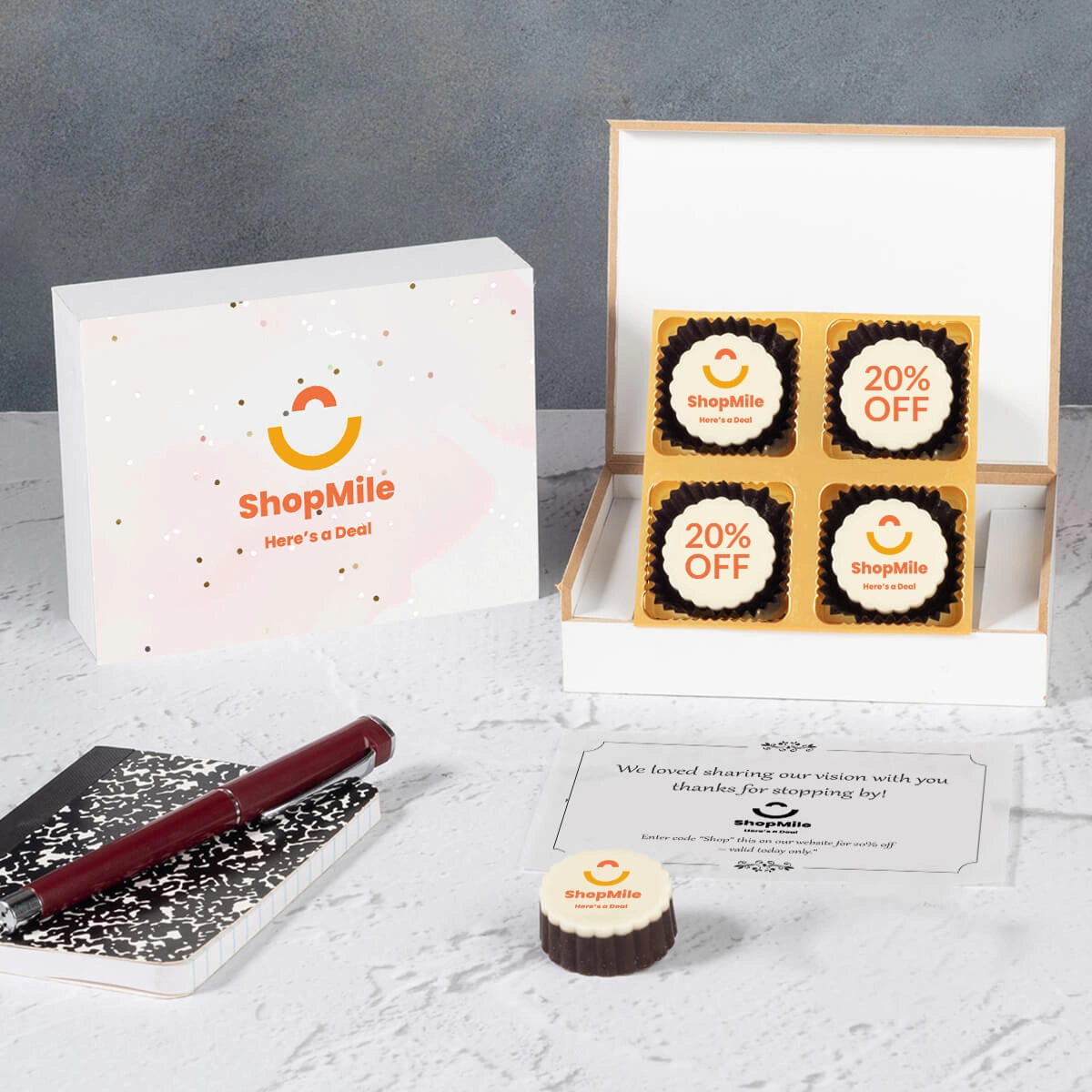 white wooden chocolate box designed for exhibition giveaways