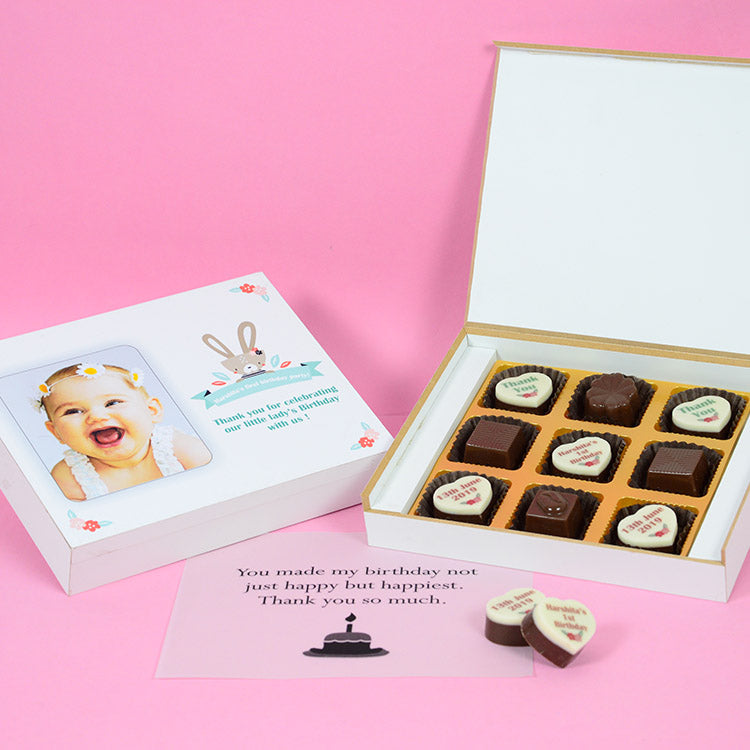 1st Birthday Return Gifts - 9 Chocolate Box - Alternate Printed Chocolate (Sample)