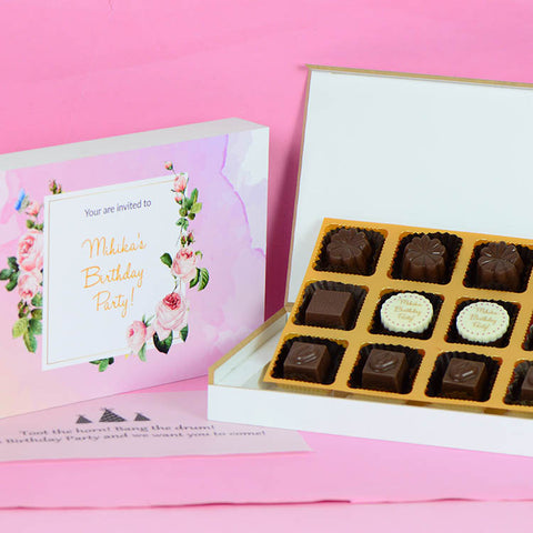 Birthday Invitations - 12 Chocolate Box - Middle Two Printed Chocolates (Minimum 10 Boxes)