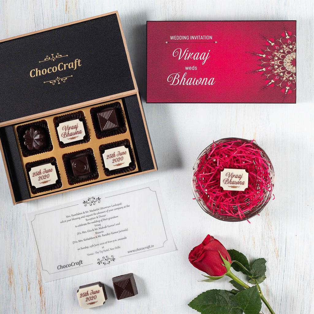 Wedding Invitations - 6 Chocolate Box - Alternate Printed Chocolates (Minimum 10 Boxes)