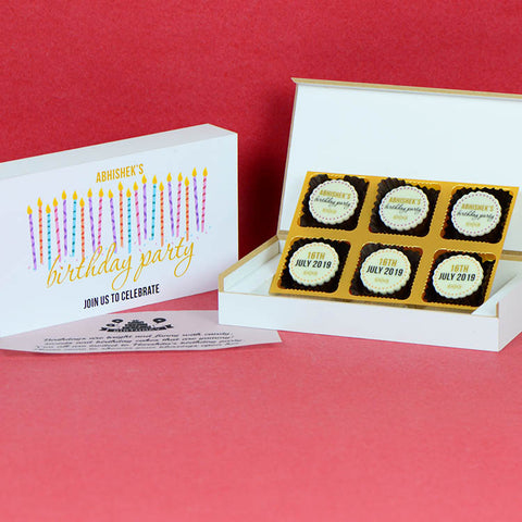 Birthday Invitations - 6 Chocolate Box - All Printed Chocolates (Minimum 10 Boxes)