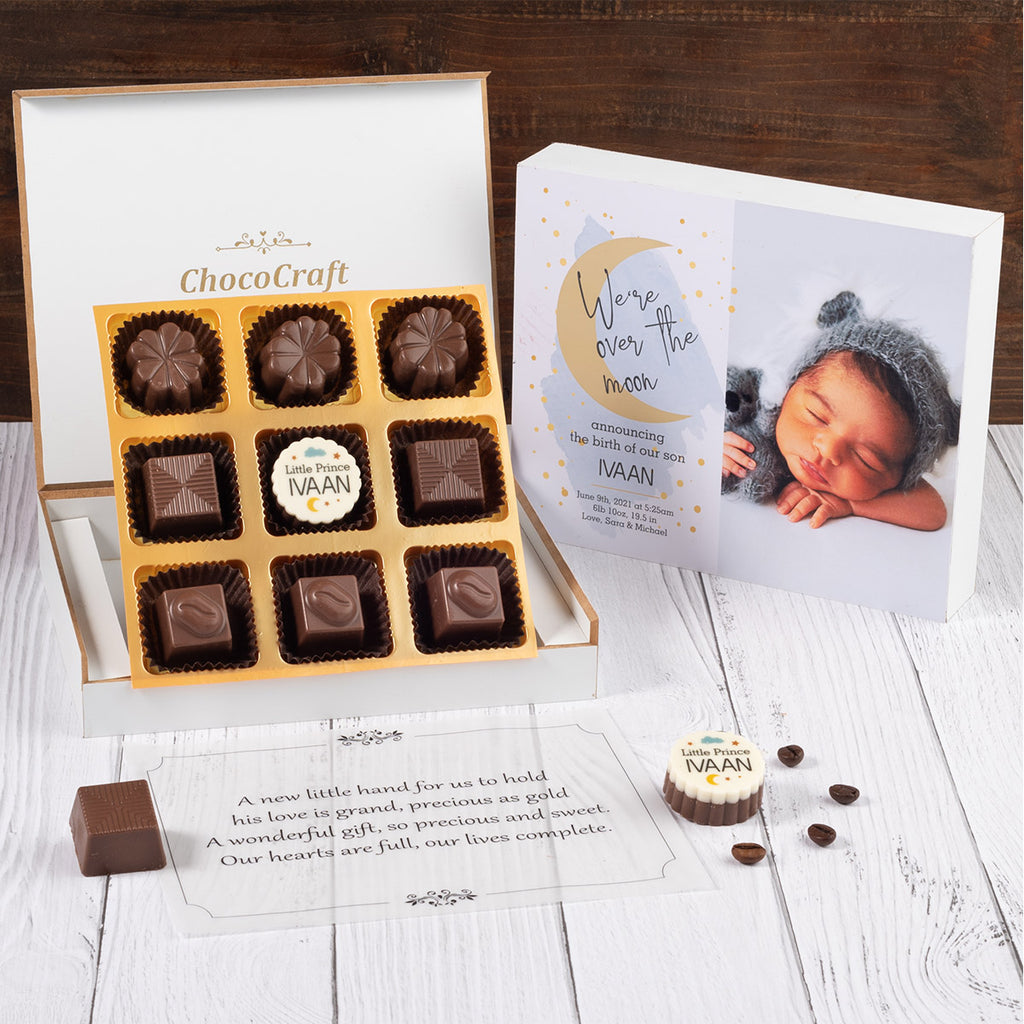 Birth Announcement Gifts - 9 Chocolate Box - Middle Printed Chocolates (Minimum 10 Boxes)