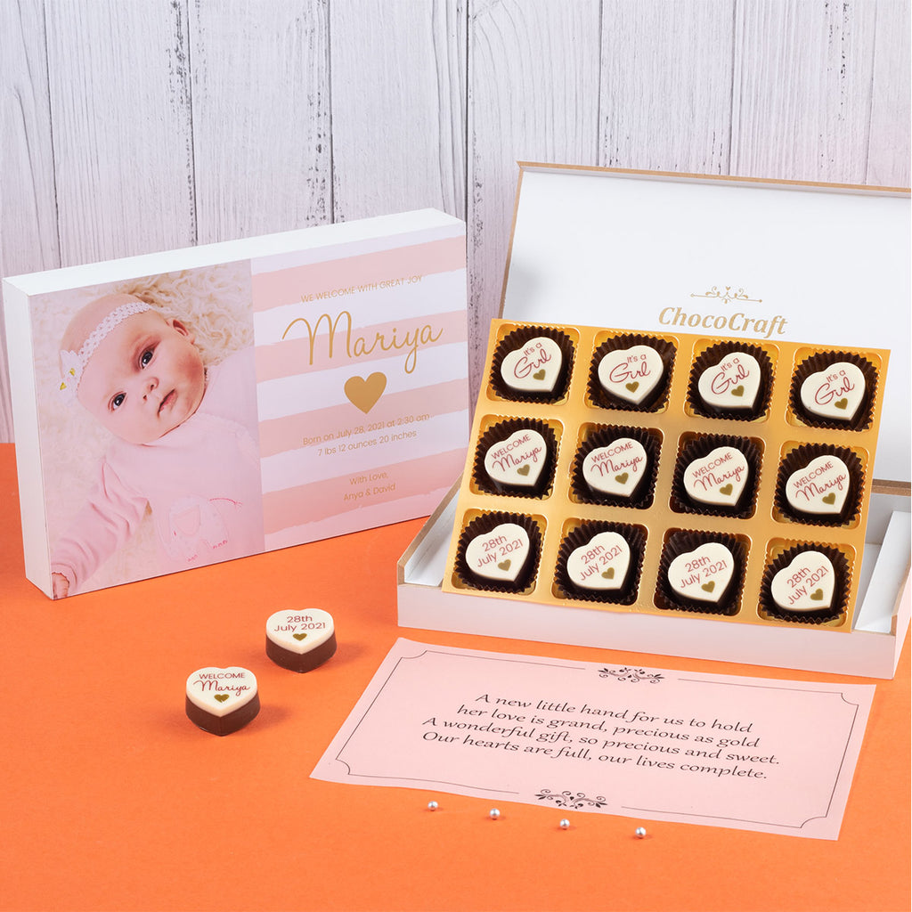 Birth Announcement Gifts - 12 Chocolate Box - All Printed Chocolates (Minimum 10 Boxes)