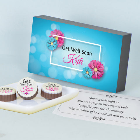 Vibrant Blue Design Personalized Get Well Soon Gift (with Printed Chocolates)