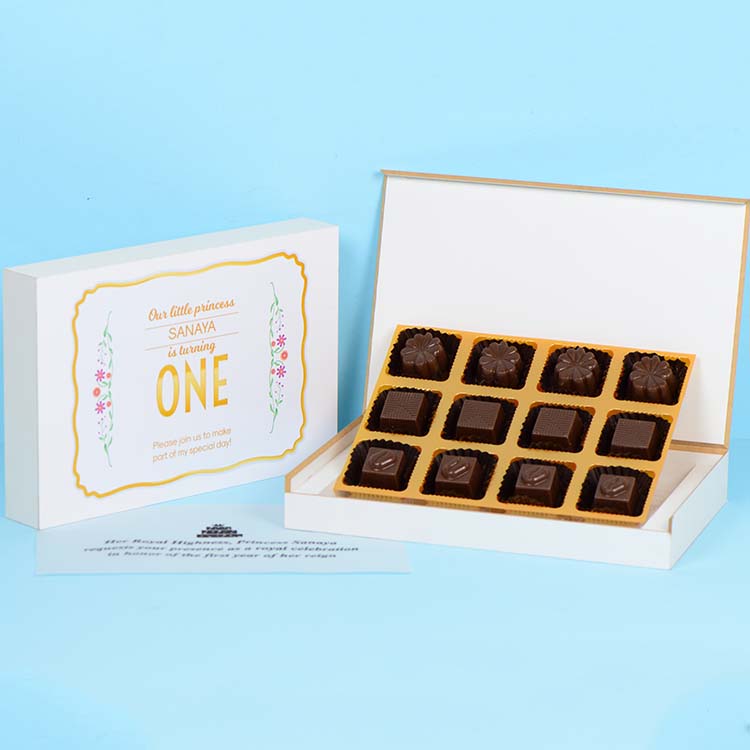 1st Birthday Invitations - 12 Chocolate Box - Assorted Chocolates (Minimum 10 Boxes)