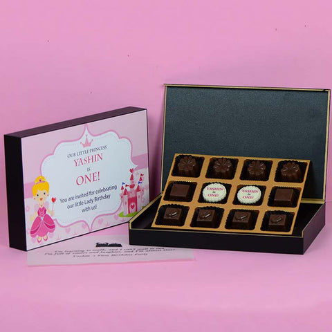 1st Birthday Invitations - 12 Chocolate Box - Middle Two Printed Chocolates (Sample)