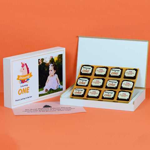 1st Birthday Invitations - 12 Chocolate Box - All Printed Chocolates (Sample)