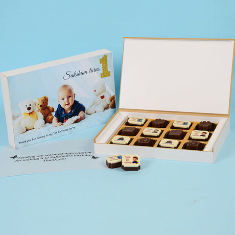 1st Birthday Return Gifts - 12 Chocolate Box - Alternate Printed Chocolates (Sample)