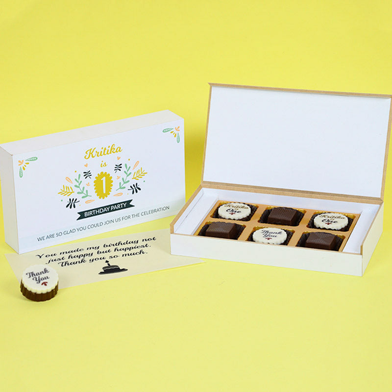 1st Birthday Return Gifts - 6 Chocolate Box - Alternate Printed Chocolates (10 Boxes)