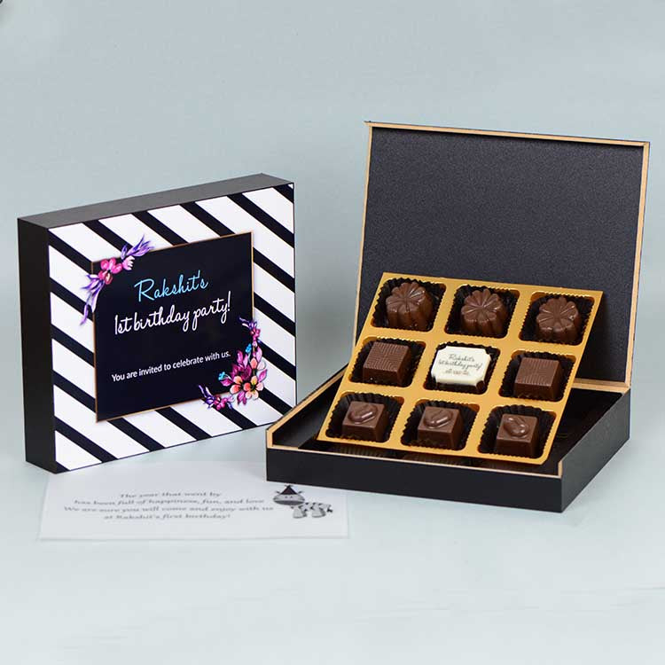 1st Birthday Invitations - 9 Chocolate Box - Single Printed Chocolates (Sample)