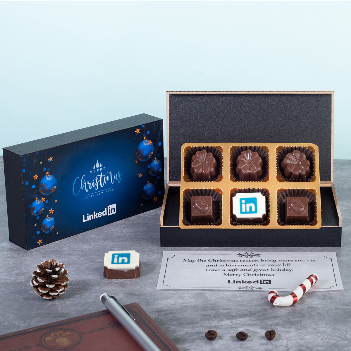 Premium wooden chocolate box showcasing the best corporate Xmas gifts for clients