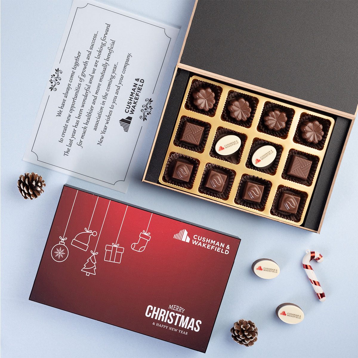 Close-up of printed chocolates highlighting premium branded Christmas gifts for clients