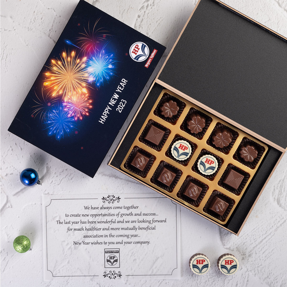 Custom 12-chocolate box designed as thoughtful corporate Christmas gifts for staff