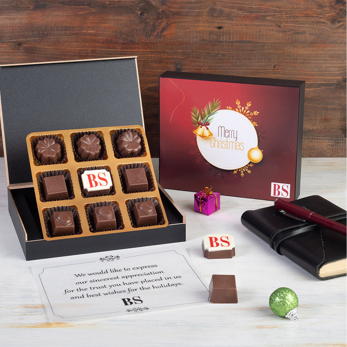 Close-up of branded chocolates highlighting thoughtful corporate holiday gifts detail