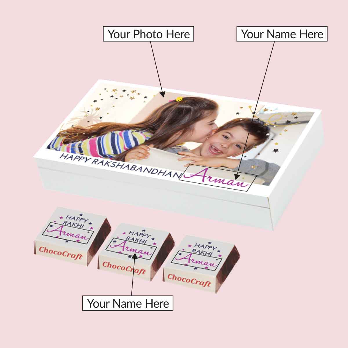 Flat-lay of rakhi with personalized gifts