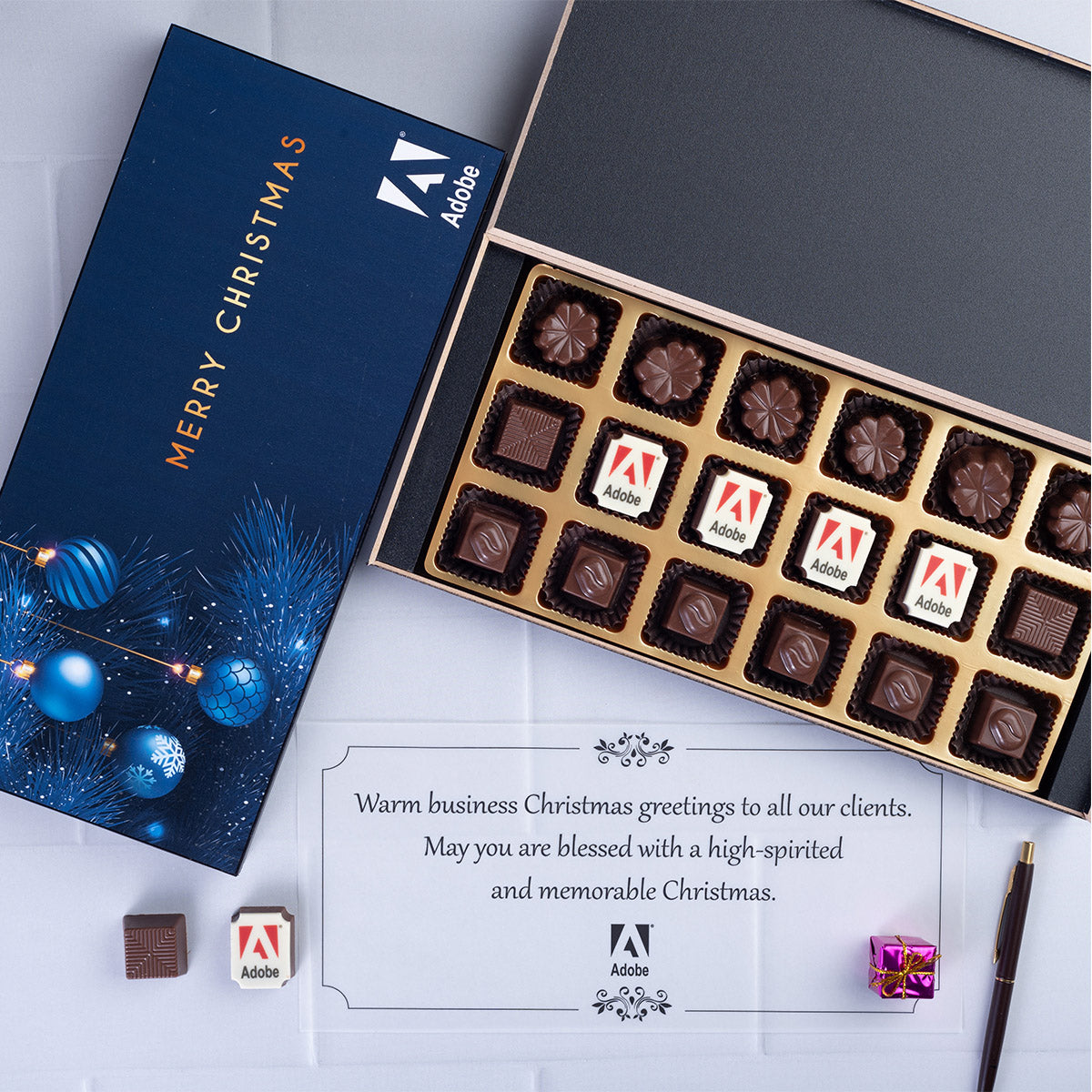 Sample 18-piece logo chocolate box—perfect unique corporate Christmas gifts for VIP clients
